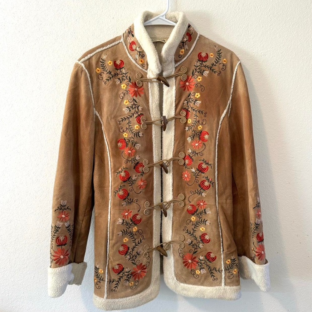 Vintage Suede Leather Floral Sherpa Coat 70s